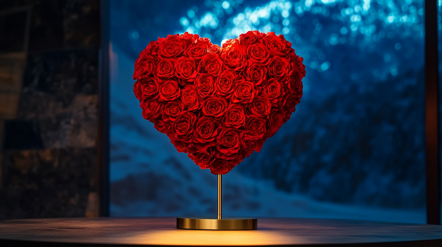 Illuminated preserved-rose installation in an architectural interior
